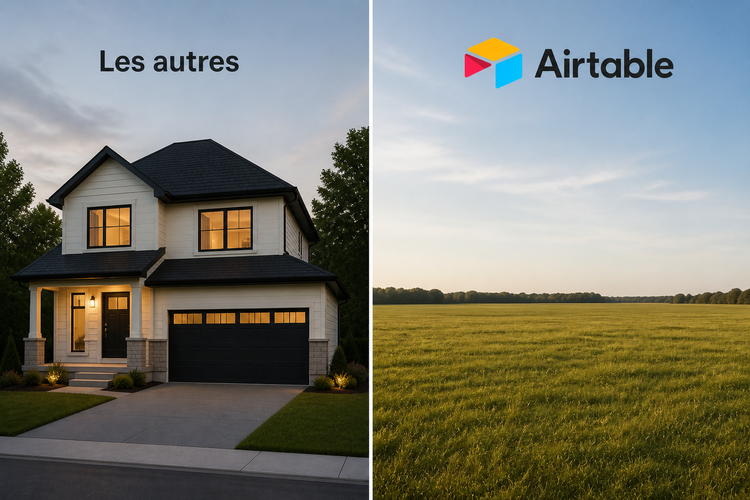 Comparaison entre une maison modèle et le terrain vierge offert par Airtable